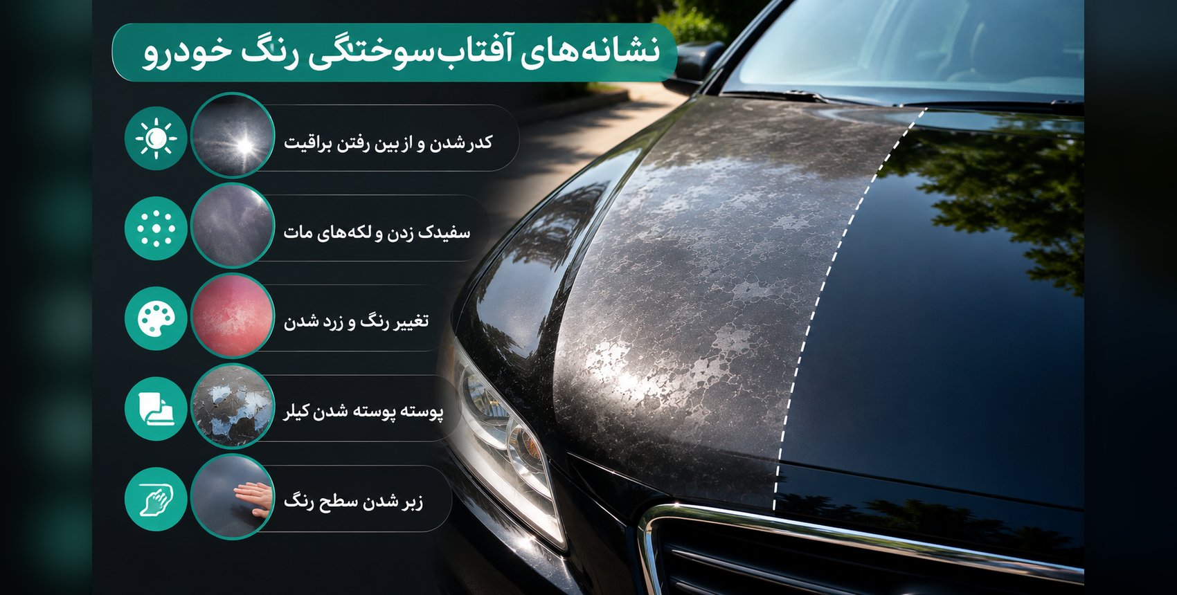 نشانههای آفتاب سوختگی رنگ خودرو شامل کدری، سفیدک، زبری و پوسته شدن کیلر