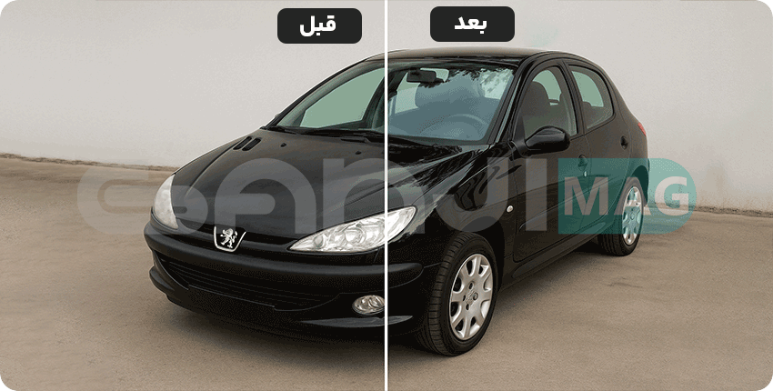 نمایش قسمت سرامیک شده و سرامیک نشده خودرو 206، نمایش تفاوت جلوه و محافظت